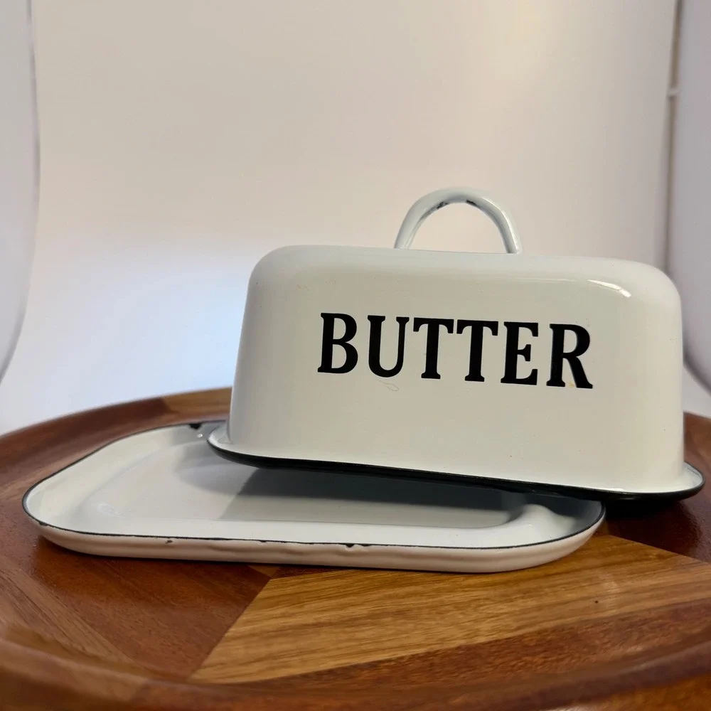 Vintage Farmhouse White Enamel Butter Dish with Lid and Handle Black Rim 6 inch